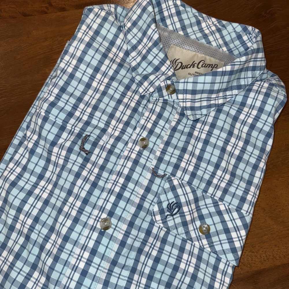 Duck Camp 2XL Plaid Fishing Shirt Blue Short Sleeve Stretch Performance Vented